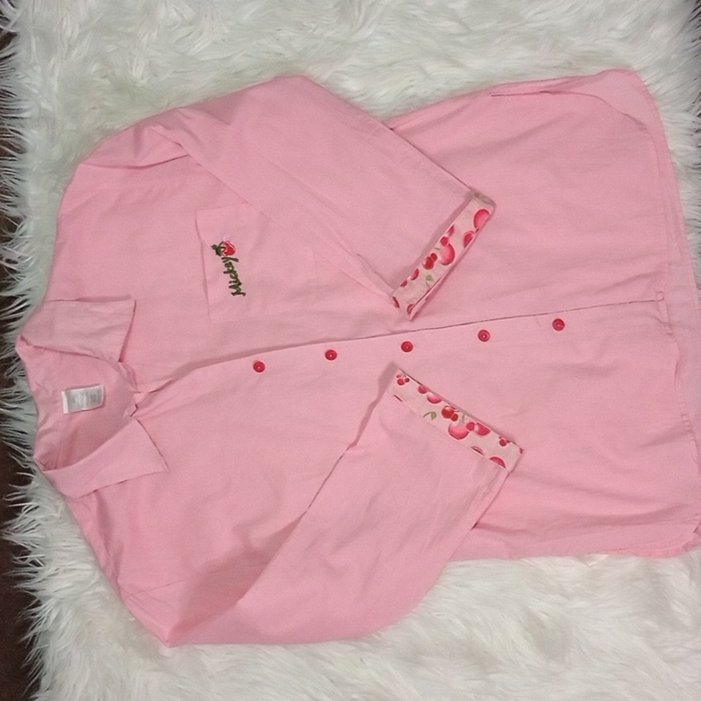 Mickey Pink Button-Up Shirt with Cherry Accents Size M